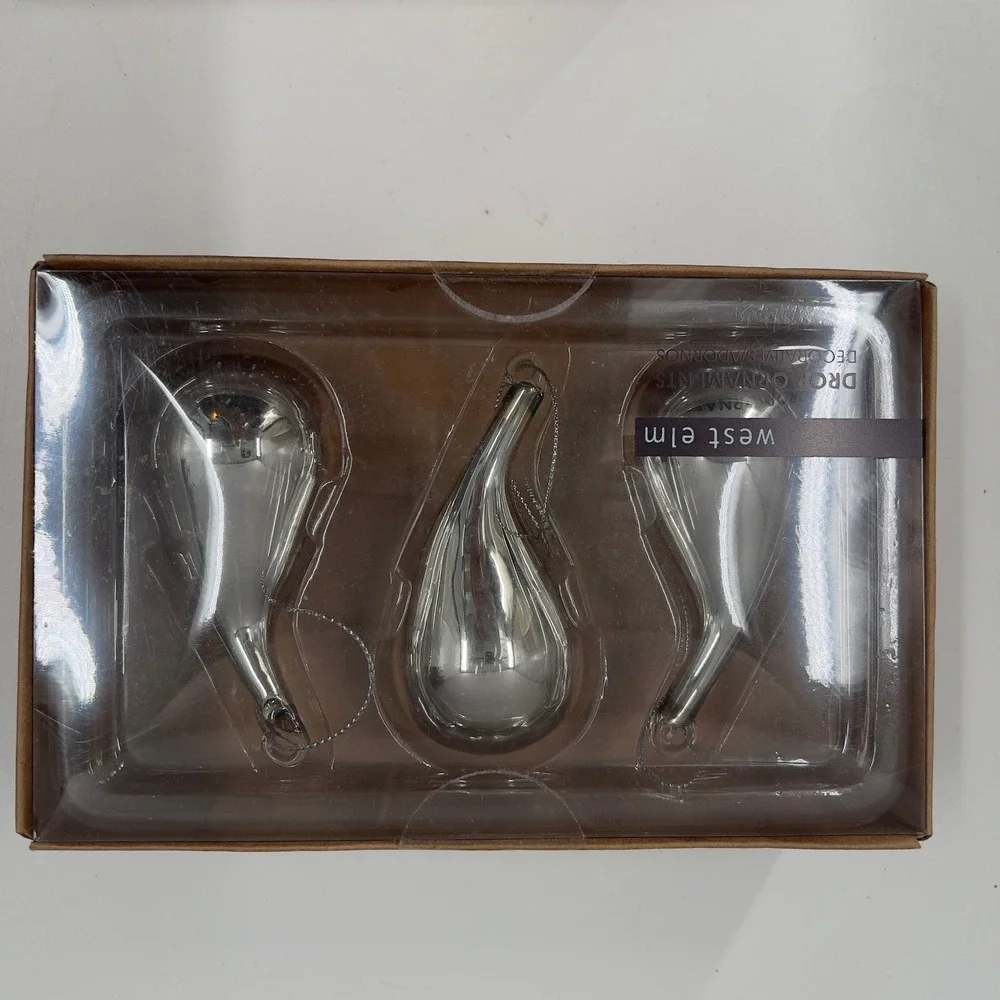 West‎ Elm Drop Ornaments Set 16 Silver Mercury Glass Midcentury Modern Christmas